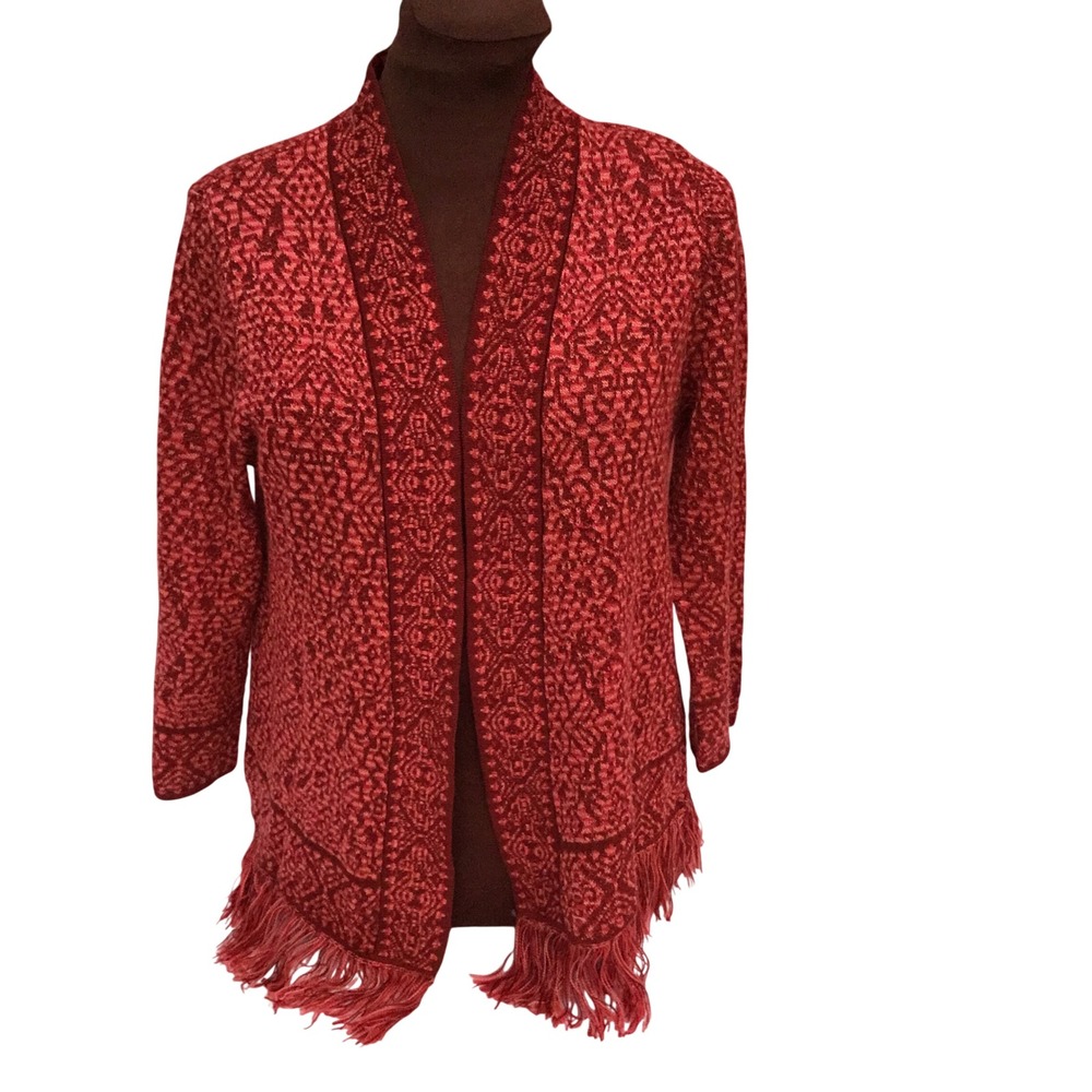 Ruby Rd Petite‎ Red Geometric Jacquard Open Front Fringe Cardigan Sweater PXL